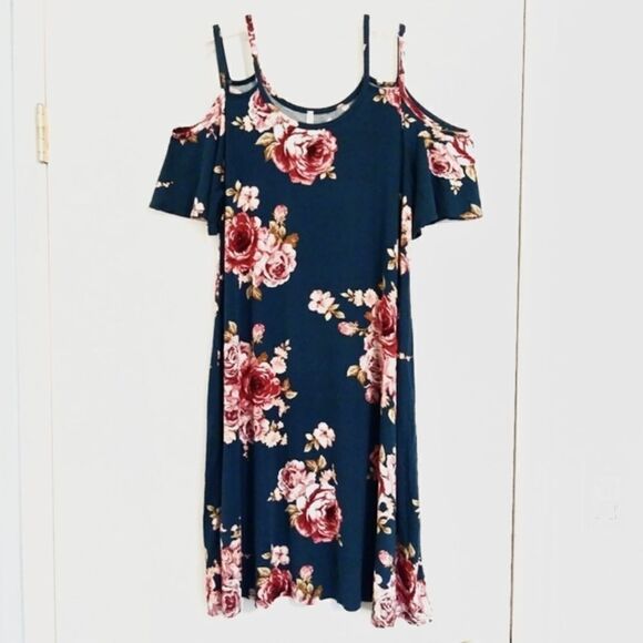 Lime n Chili Teal Floral Cold Shoulder Dress - Picture 1 of 4